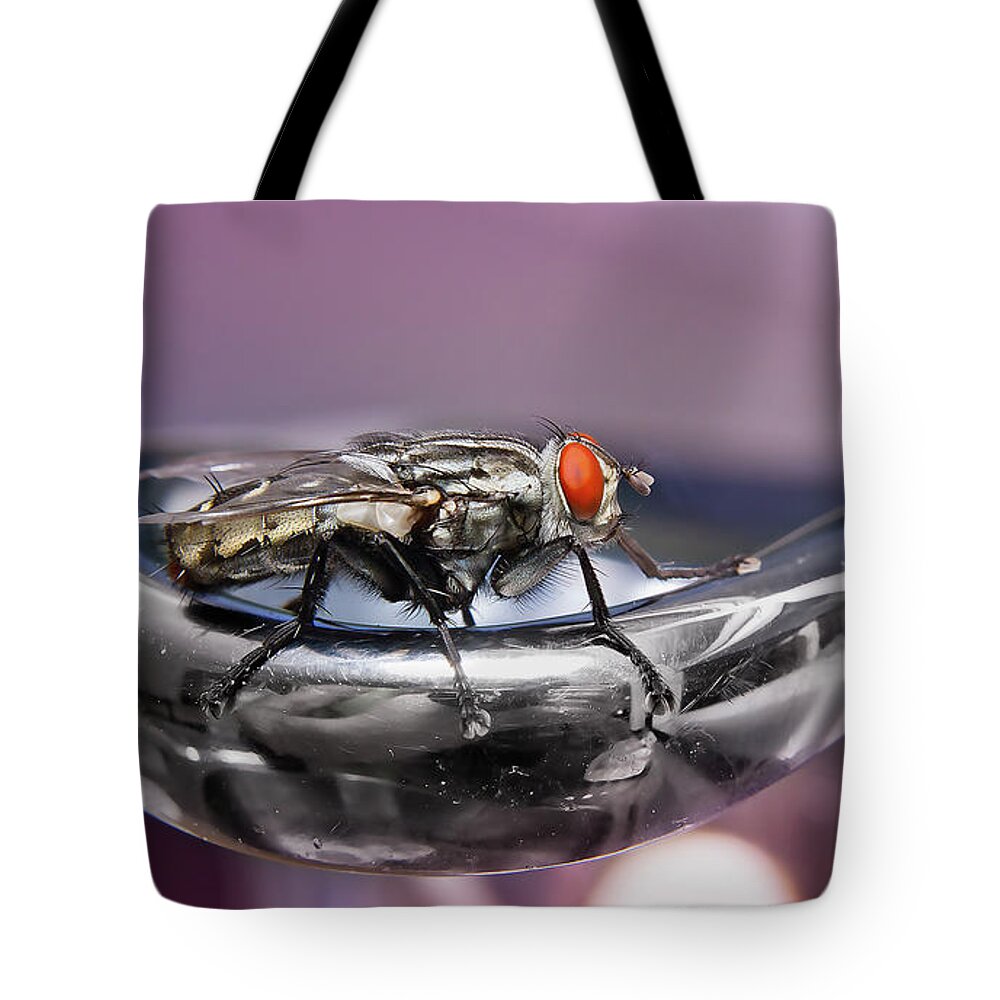 Macro Photography Tote Bag featuring the digital art Fly on a tap 0122 by Kevin Chippindall