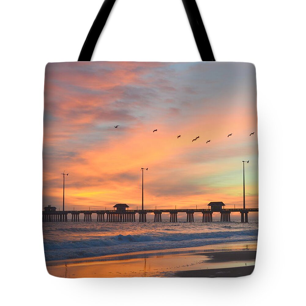 Jennettes Pier Tote Bag featuring the photograph Fly over Jennettes by Barbara Ann Bell