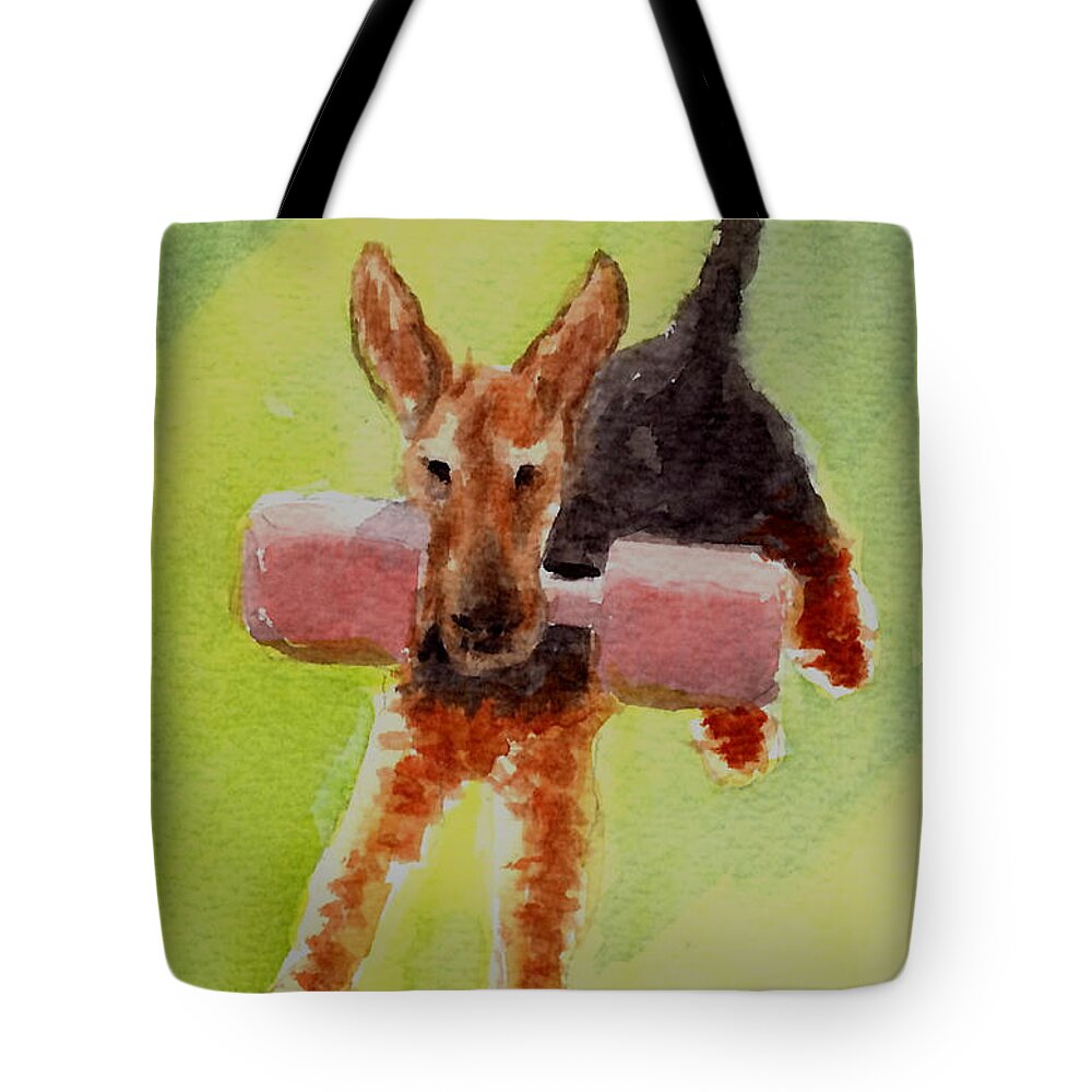Airedale Tote Bag featuring the painting Flying Dale by Mimi Boothby
