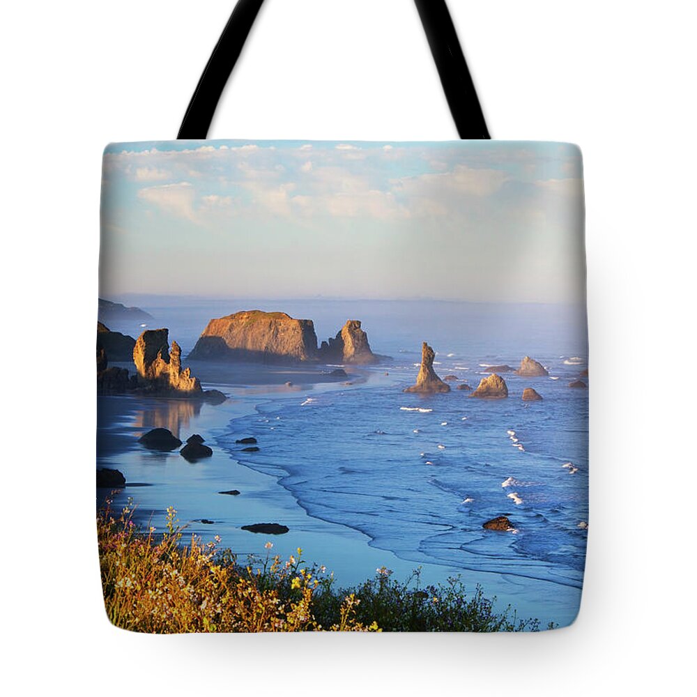 Water's Edge Tote Bag featuring the photograph Fog Covers Rock Formations Along The by Craig Tuttle / Design Pics
