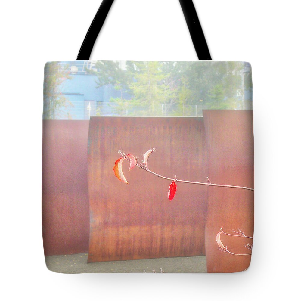 Sculpture Park Tote Bag featuring the photograph Foggy day at the sculpture park by Segura Shaw Photography