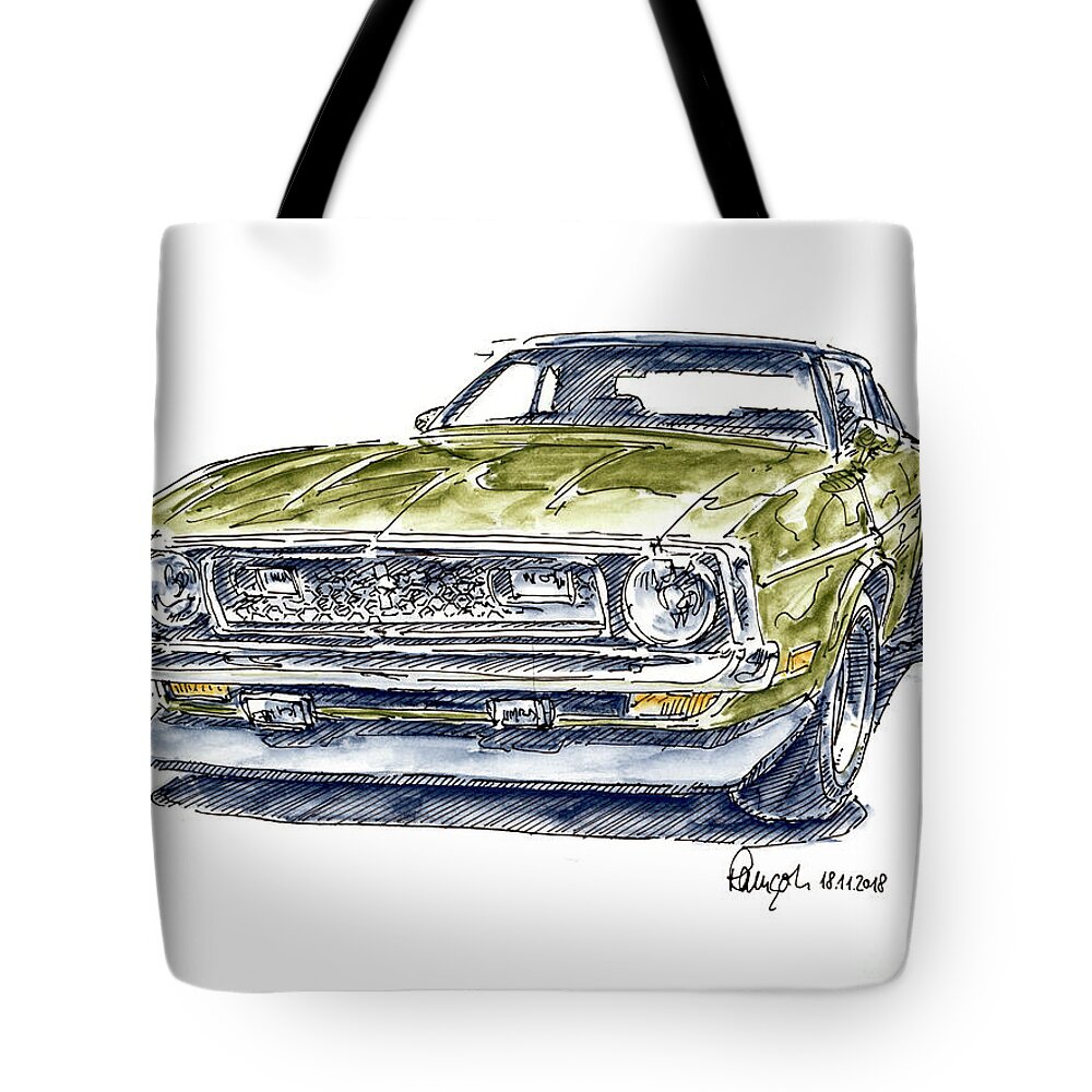 Mustang Tote Bag featuring the drawing Ford Mustang Mach 1 Muscle Car Ink Drawing and Watercolor by Frank Ramspott