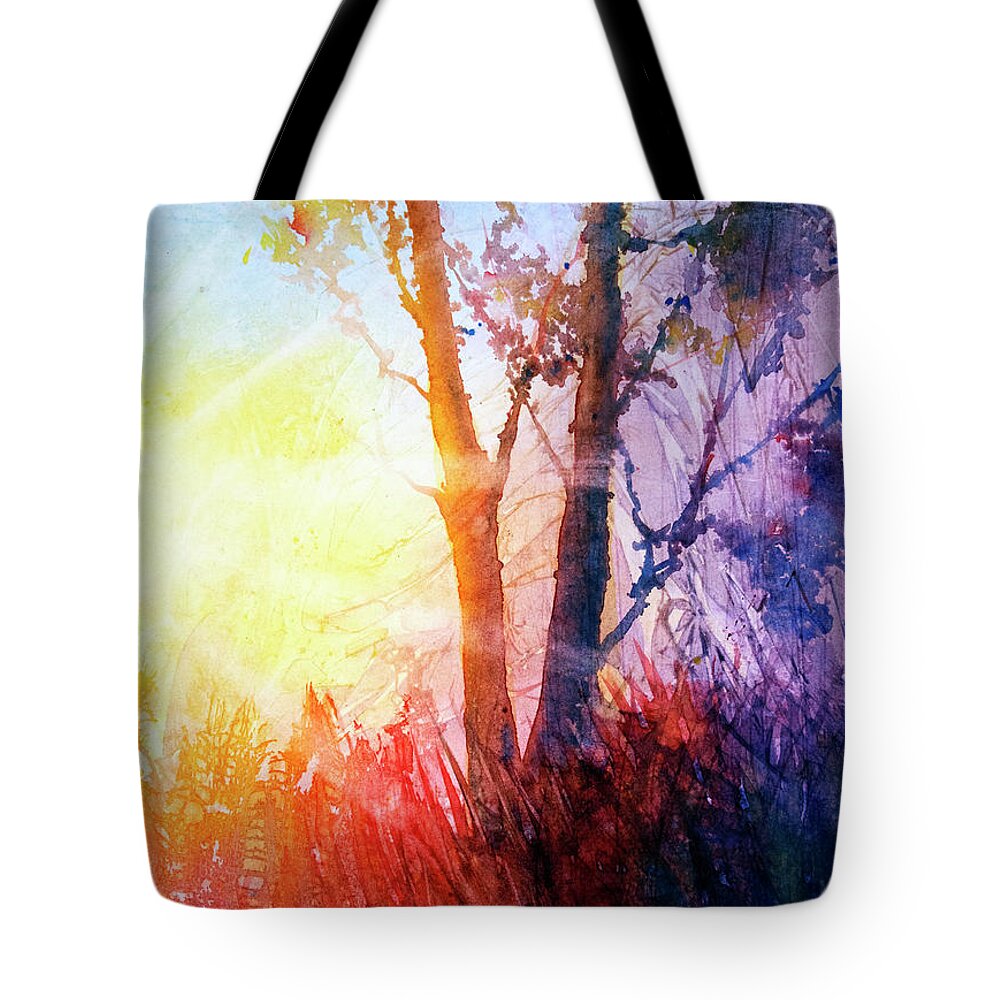 Glowing Tote Bag featuring the painting Forest Sunrise by Rebecca Davis