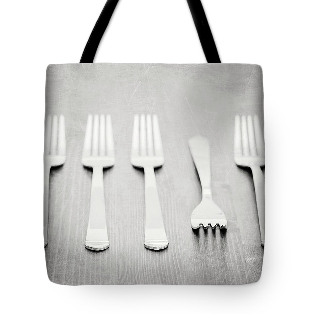 Five Objects Tote Bag featuring the photograph Forks On Tabletop by Isabelle Lafrance Photography