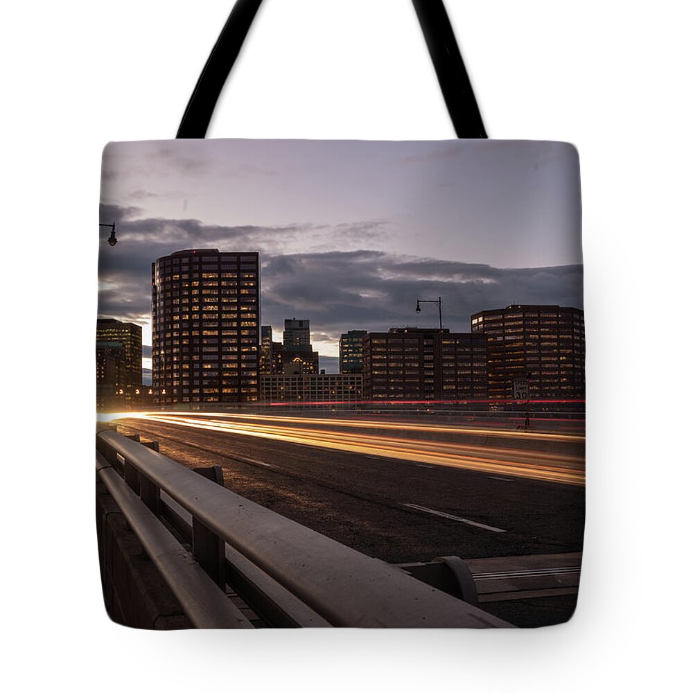 Scenery Tote Bag featuring the photograph Founders Bridge Hartford CT by Kyle Lee