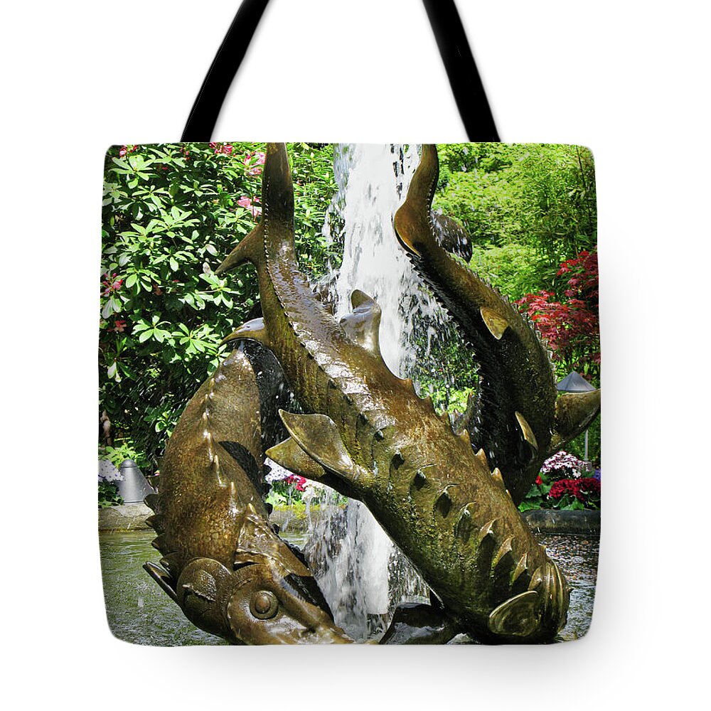 Canada Tote Bag featuring the photograph Fountain sculpture, Butchart gardens, BC by Segura Shaw Photography