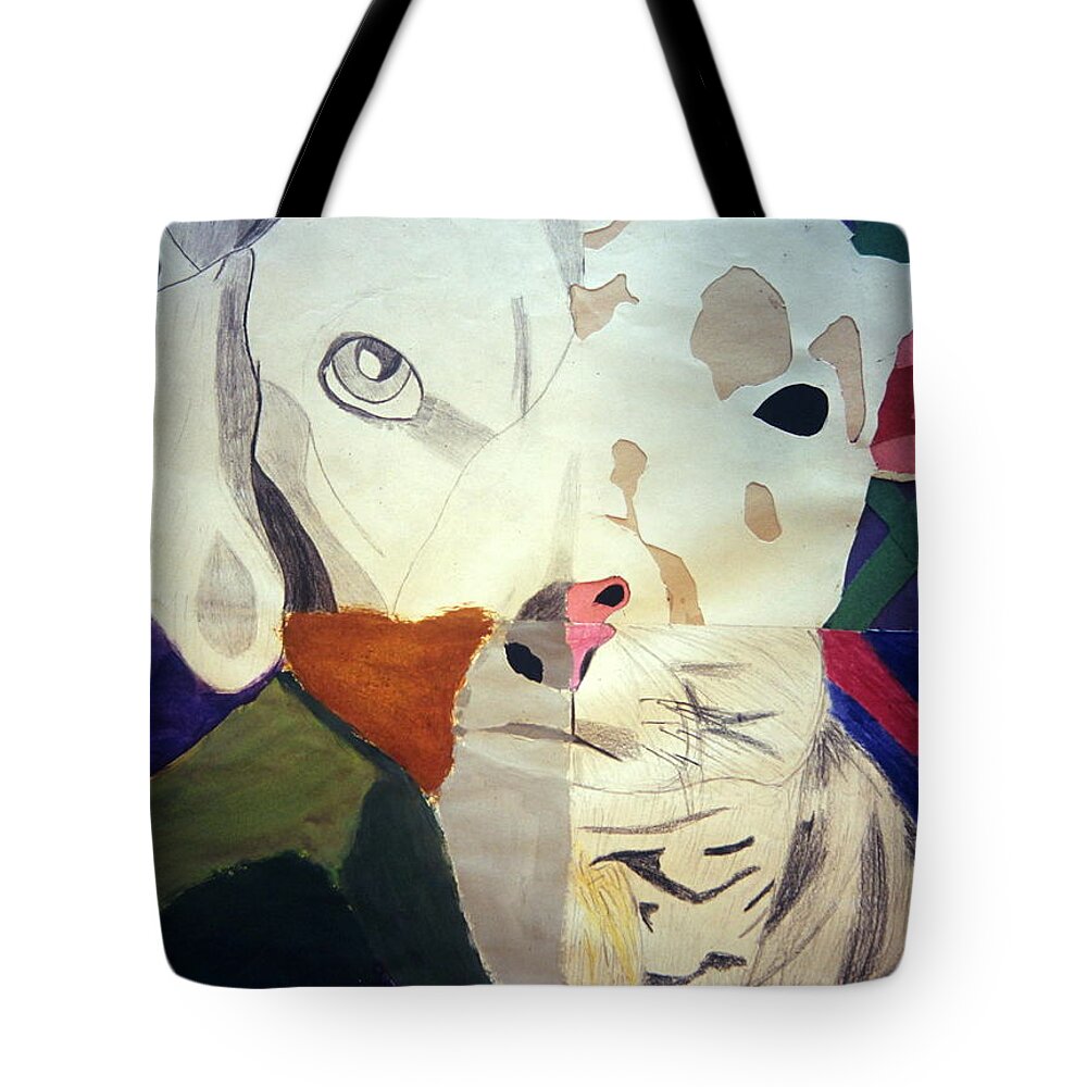 Dog Tote Bag featuring the mixed media Four in One a Dog, Goat, Frog, and Cat Creature by Ali Baucom