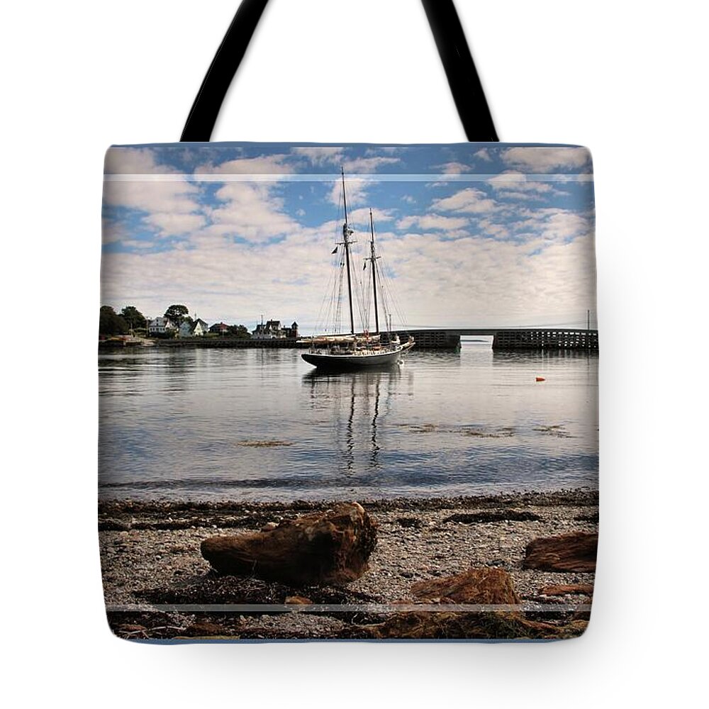 Seascape Tote Bag featuring the photograph Framed Cobwork Bridge Bailey Island Maine by Sandra Huston