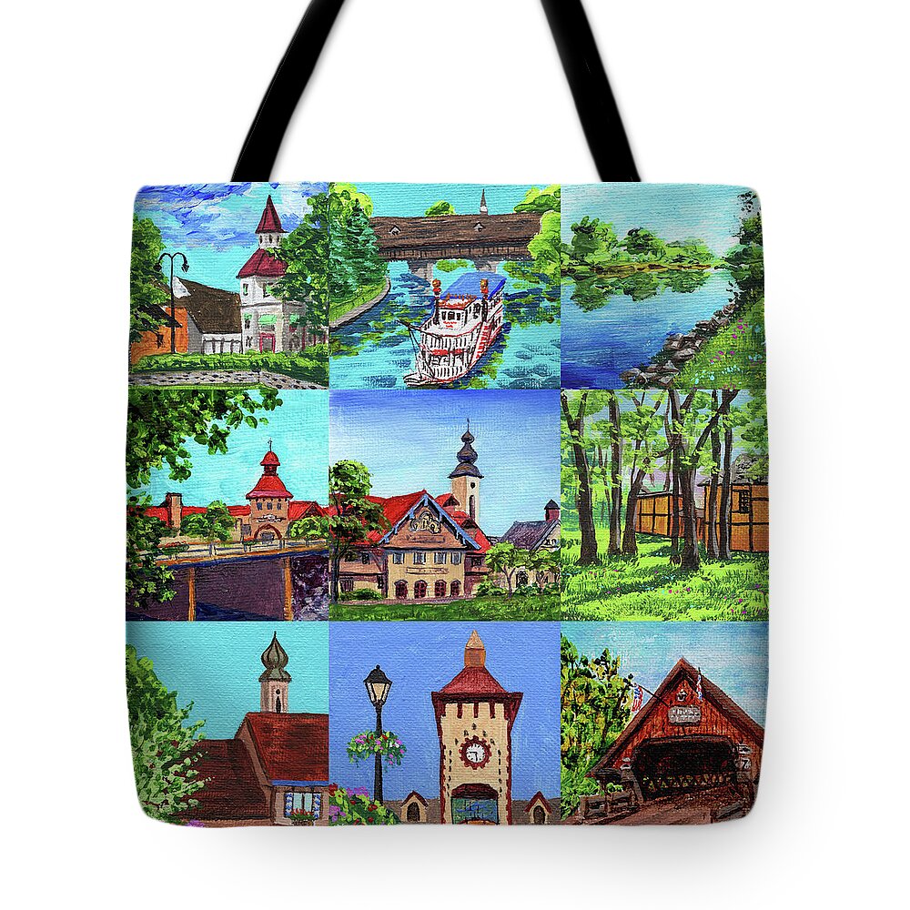 Frankenmuth Tote Bag featuring the painting Frankenmuth Downtown Michigan Painting Collage III by Irina Sztukowski