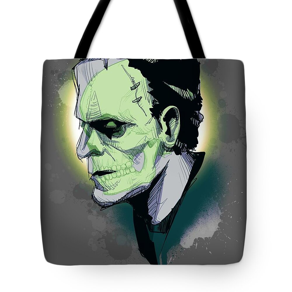 Skull Tote Bag featuring the drawing FrankenSkull by Ludwig Van Bacon