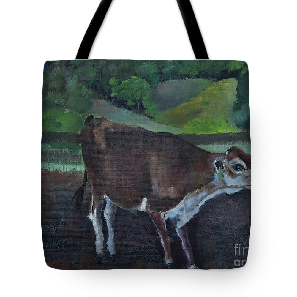 Baby Calf Tote Bag featuring the painting Franks Cow - Mountain Valley Farms by Jan Dappen