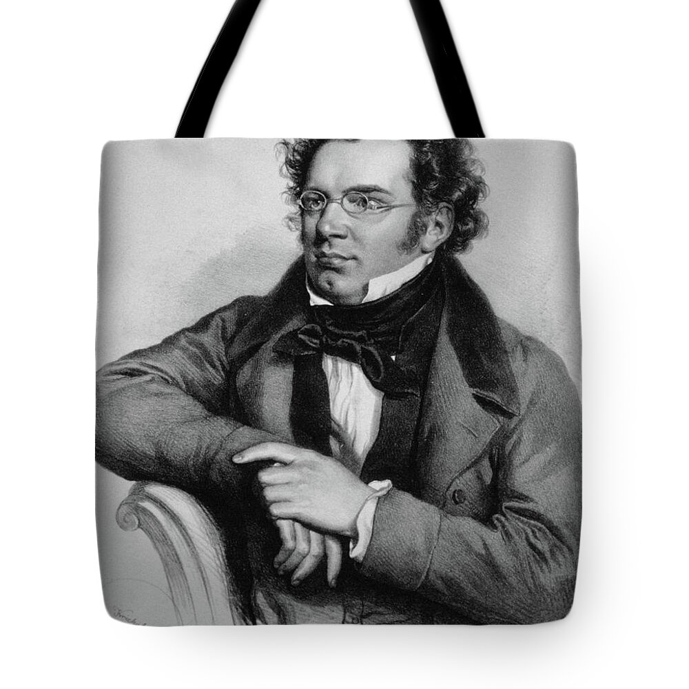 Franz Schubert Tote Bag featuring the painting Franz Peter Schubert -1797-1828- engraving XIXth century. Josef Kriehuber. by Album