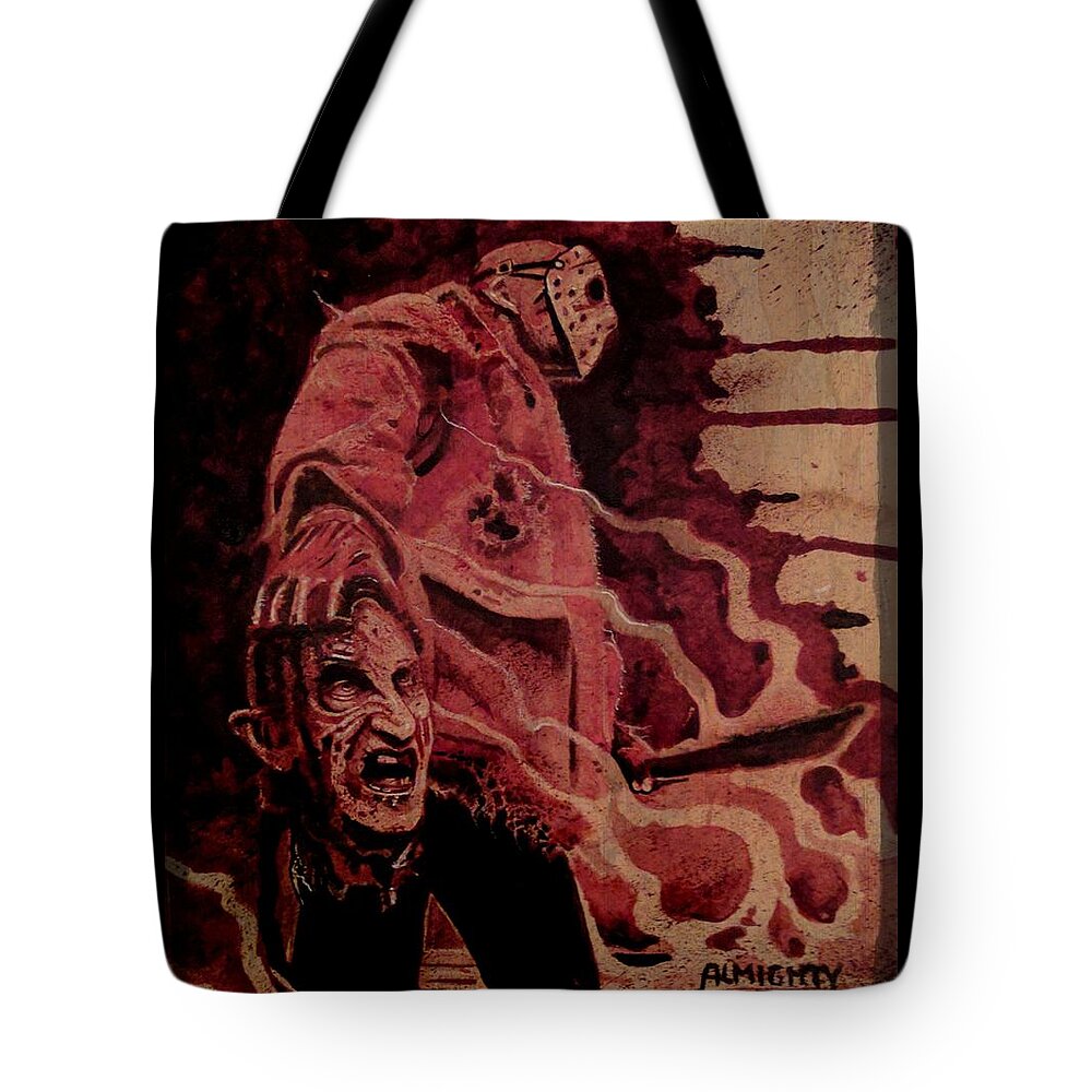 Ryanalmighty Tote Bag featuring the painting FREDDY vs JASON by Ryan Almighty