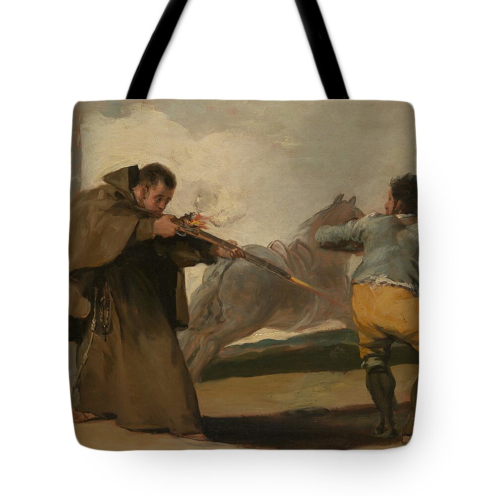 19th Century Art Tote Bag featuring the painting Friar Pedro Shoots El Maragato as His Horse Runs Off by Francisco Goya