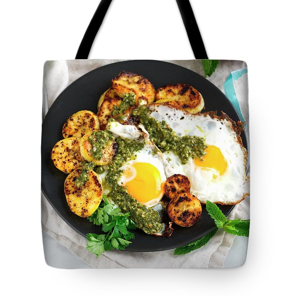 Fried Eggs With Plantain And Chimichurri Sauce For Breakfast Tote