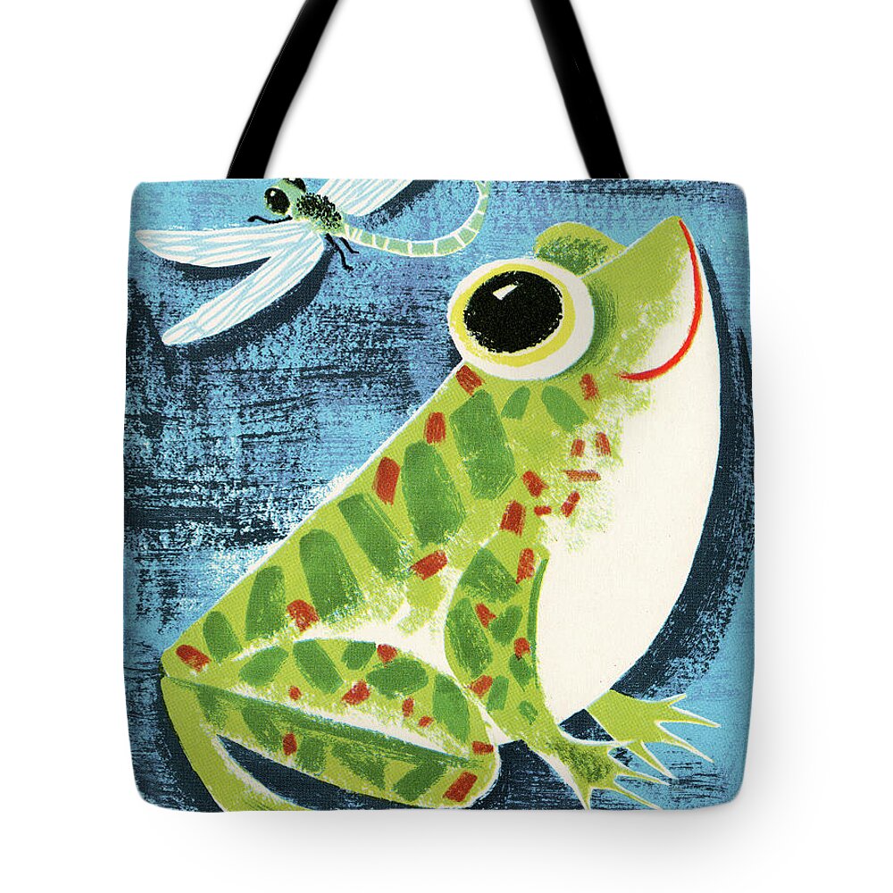 Amphibian Tote Bag featuring the drawing Frog and Dragonfly by CSA Images