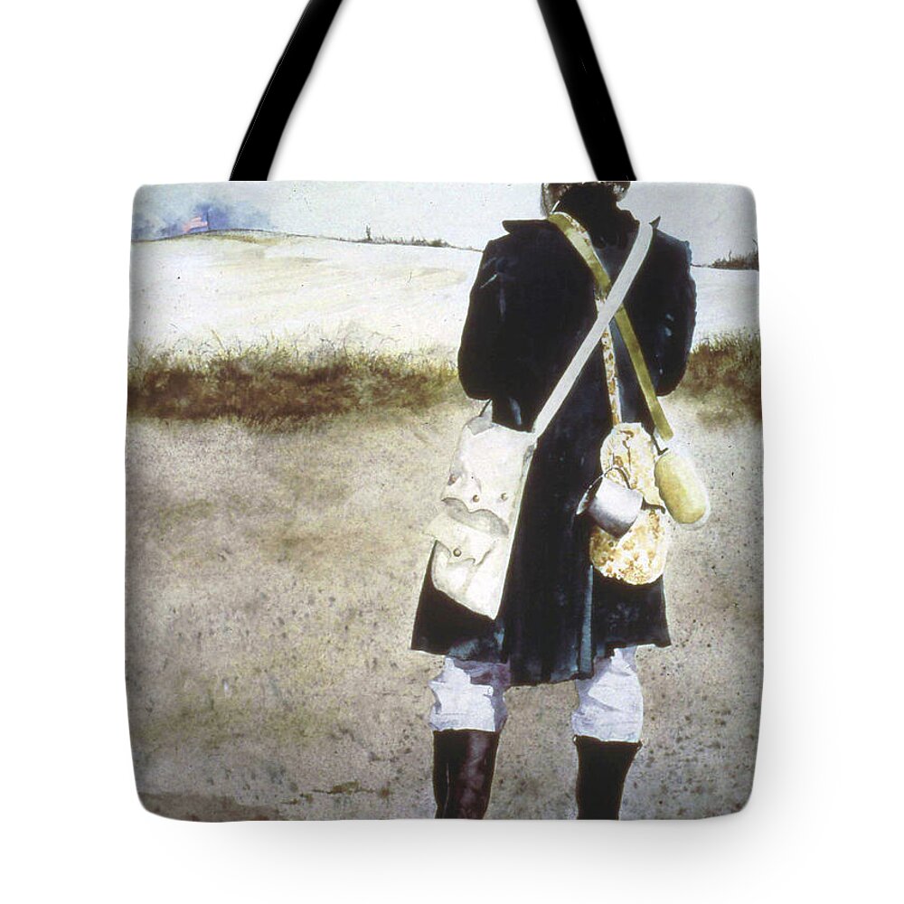 A Man Portrays Winslow Homer During A Civil War Battle Reenactment. Tote Bag featuring the painting From A Distance by Monte Toon