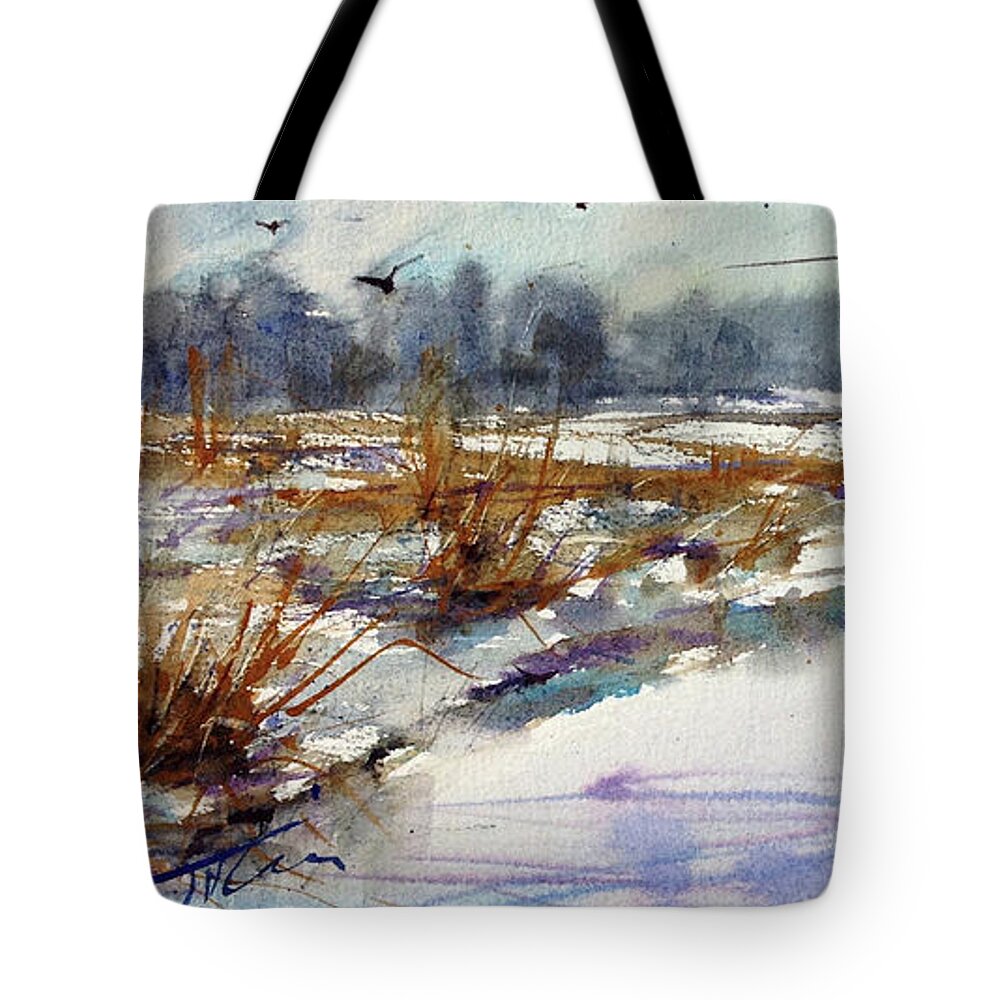 Watercolor Tote Bag featuring the painting Frozen Waters by Judith Levins