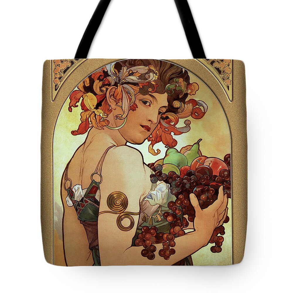 Fruit Tote Bag featuring the painting Fruit by Alphonse Mucha by Rolando Burbon