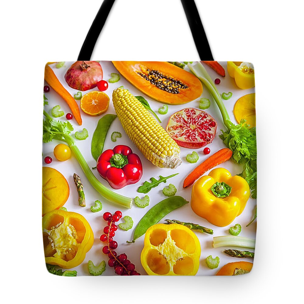 White Background Tote Bag featuring the photograph Fruits And Vegetables Seamless Pattern by Maika 777