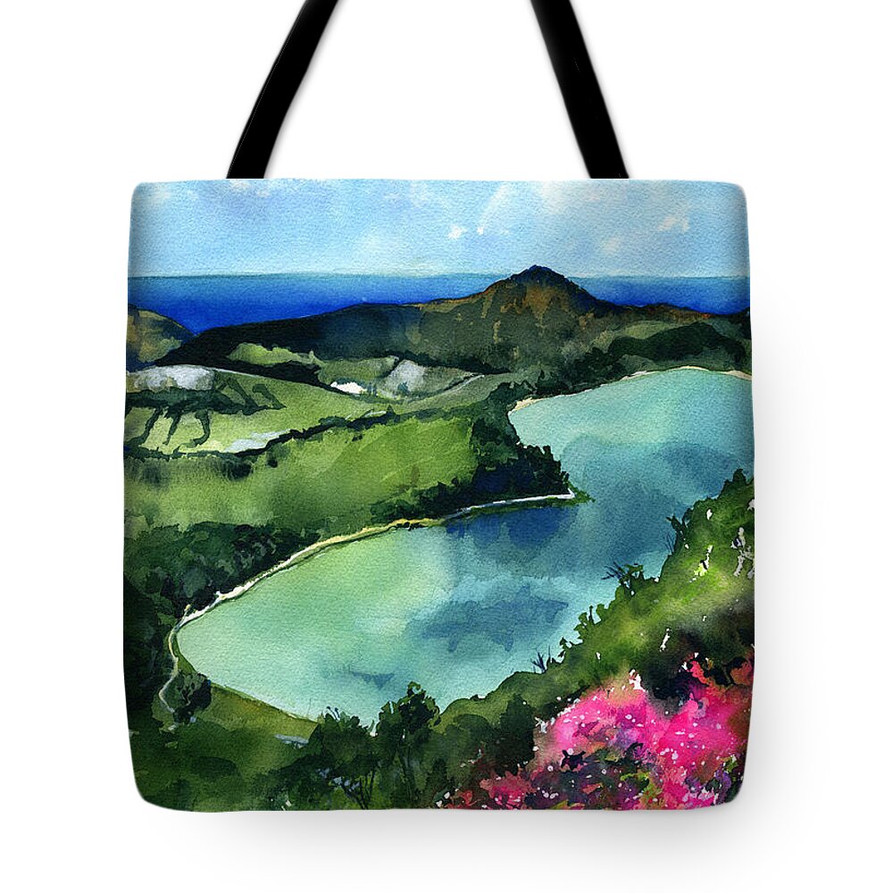 Portugal Tote Bag featuring the painting Furnas Lake Azores Portugal by Dora Hathazi Mendes