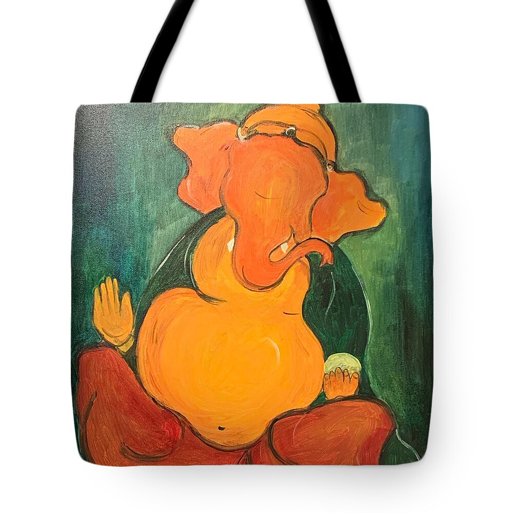 Seated Ganesh 2 Tote Bag featuring the painting Ganesh 4 by Raji Musinipally