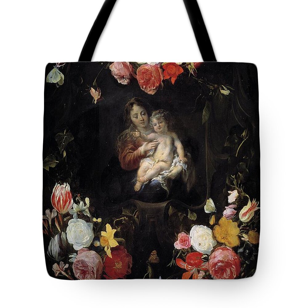 Child Jesus Tote Bag featuring the painting 'Garland with Virgin and Child', 17th century, Flemish School, O... by Daniel Seghers -1590-1661- Cornelis Schut -1597-1655-