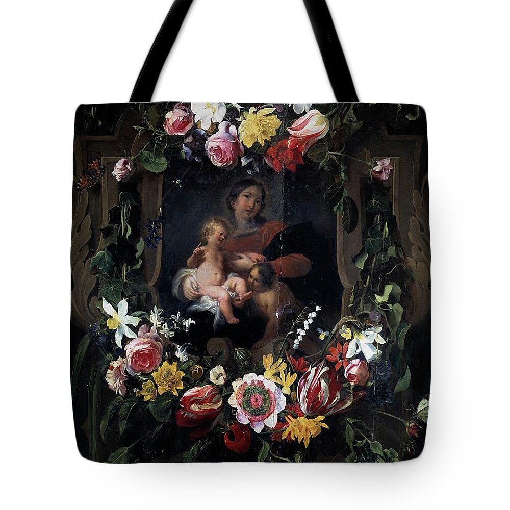 Child Jesus Tote Bag featuring the painting 'Garland with Virgin, Child and Saint John', 17th century, Flemi... by Daniel Seghers -1590-1661- Cornelis Schut -1597-1655-