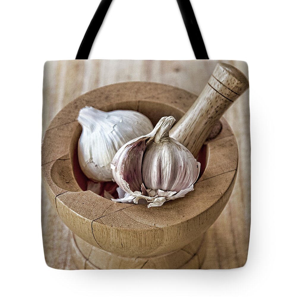 Mortar And Pestle Tote Bag featuring the photograph Garlic, Pestle And Mortar by Copyright Rhinoneal