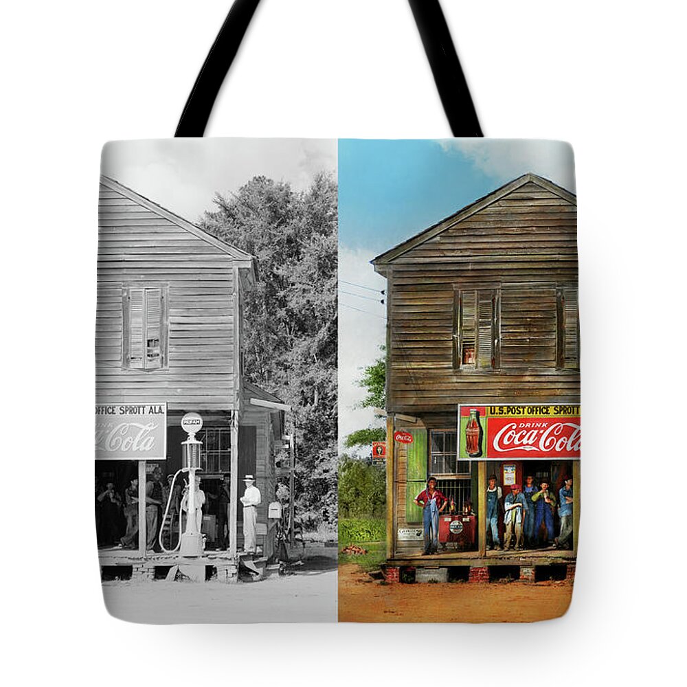 Sprott Al Tote Bag featuring the photograph Gas Station - Sprott AL - Crossroads store 1935 - Side by Side by Mike Savad