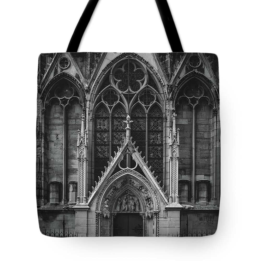 Black And White Tote Bag featuring the photograph Gated Entrance to Notre Dame, Paris 2016 by Liesl Walsh