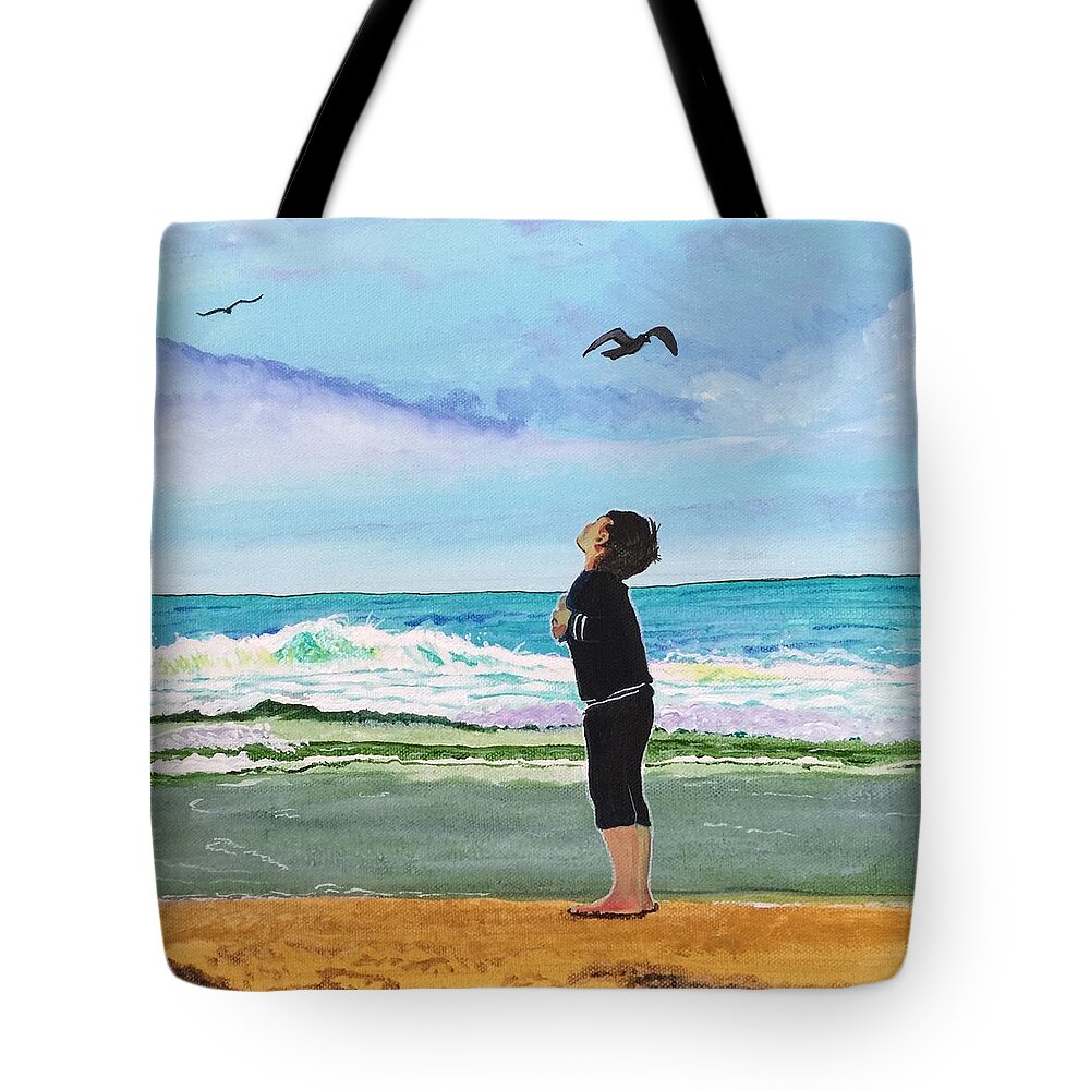 Beach Tote Bag featuring the painting Gazing at Gulls by Sonja Jones
