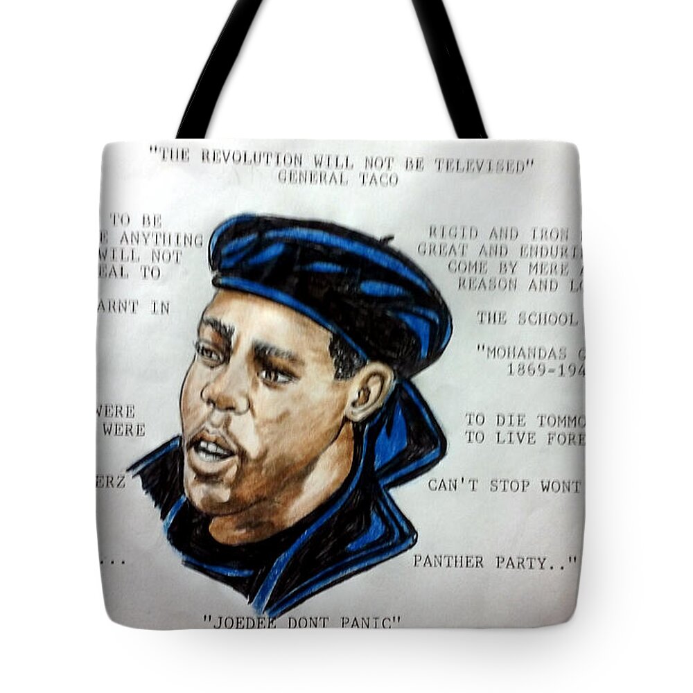Black Art Tote Bag featuring the drawing General Taco by Joedee