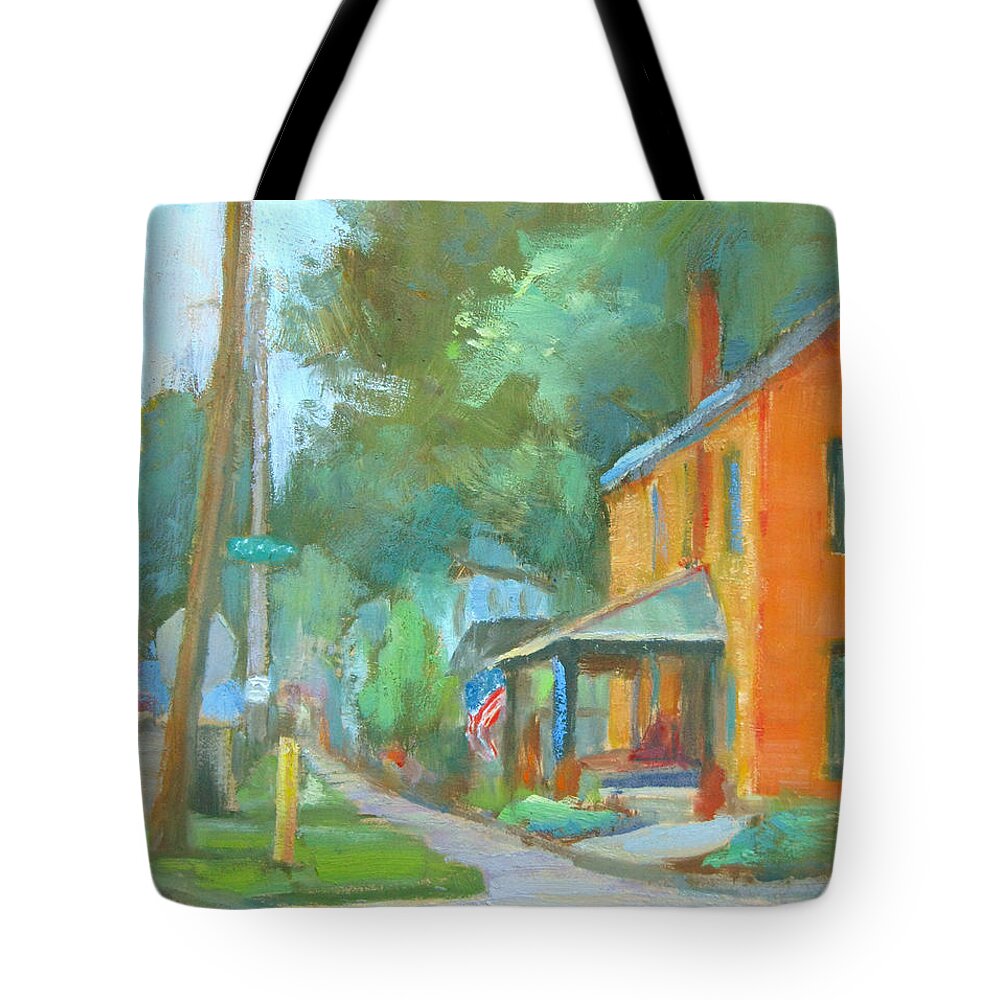 Street Tote Bag featuring the painting German Village Patriot, Columbus, OH by Robie Benve