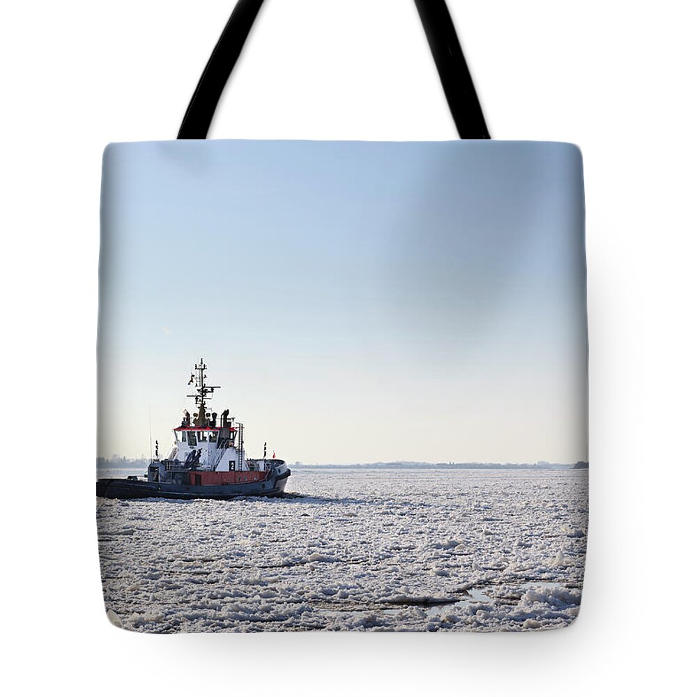 Outdoors Tote Bag featuring the photograph Germany, Hamburg, Trawler On Ice by Westend61