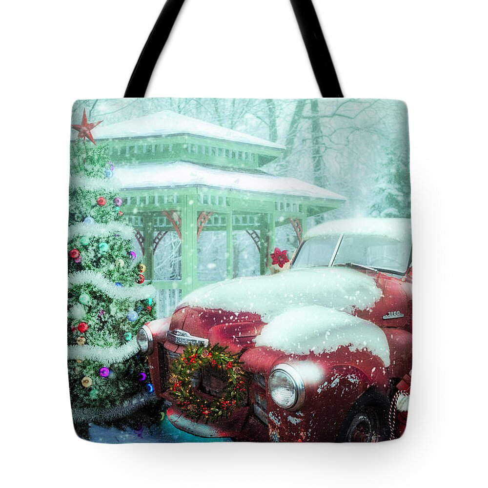 1939 Tote Bag featuring the digital art Getting Ready for Christmas on a MIsty Morning by Debra and Dave Vanderlaan