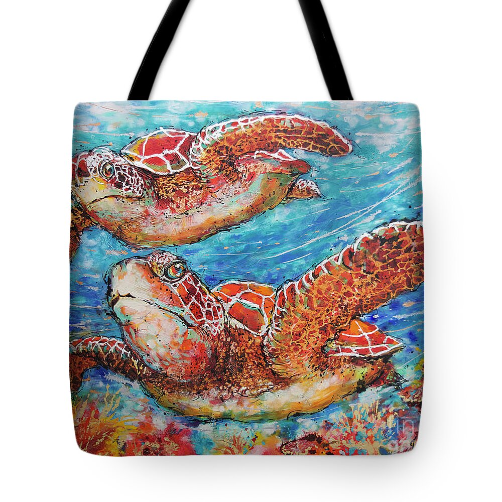 Marine Turtles Tote Bag featuring the painting Giant Sea Turtles by Jyotika Shroff