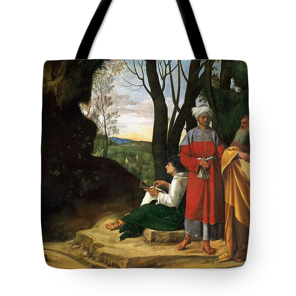 Giorgione Tote Bag featuring the painting GIORGIONE Three Philosophers. Date/Period Between ca. 1508 and ca. 1509. Painting. Oil on canvas. by Giorgione