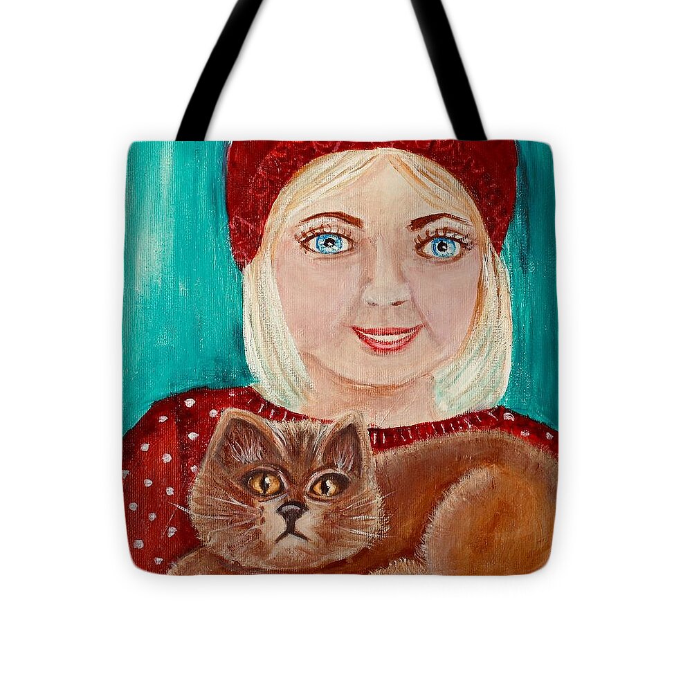 Red Tote Bag featuring the painting Girl and her cat by Patricia Halstead