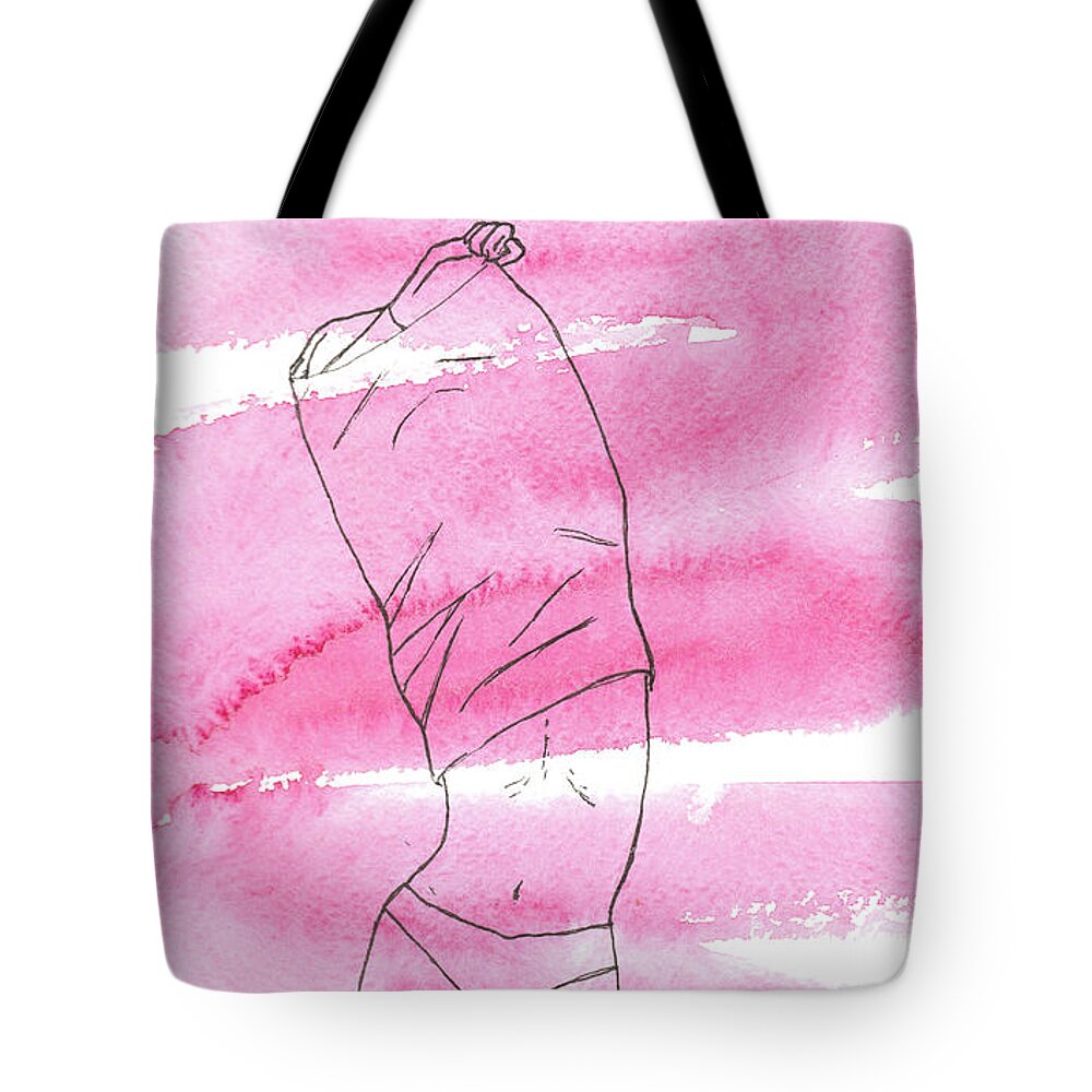 Watercolor Painting Tote Bag featuring the drawing Girl takes off her sweater by Elena Gabbasova