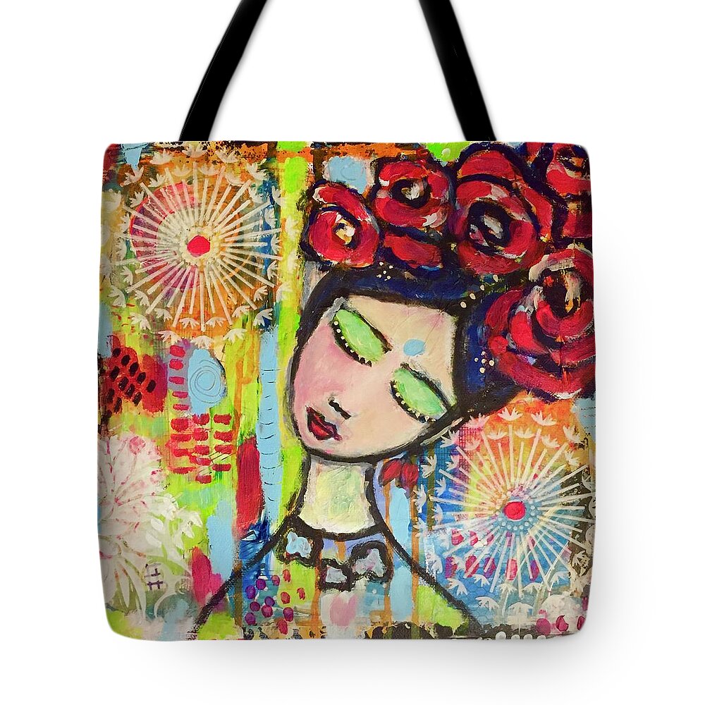 Girl Tote Bag featuring the mixed media Girl with red roses by Corina Stupu Thomas