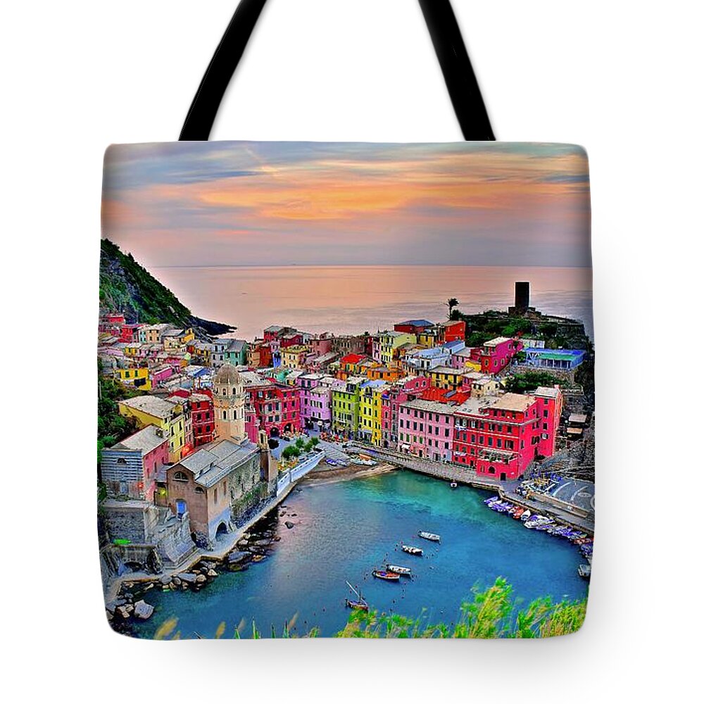 Vernazza Tote Bag featuring the photograph Glorious Sunrise behind Vernazza by Frozen in Time Fine Art Photography