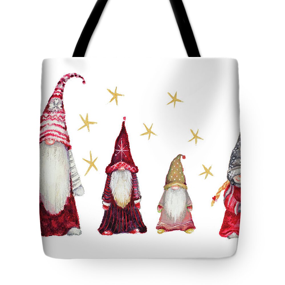 Gnomes Tote Bag featuring the mixed media Gnome Family by Janice Gaynor