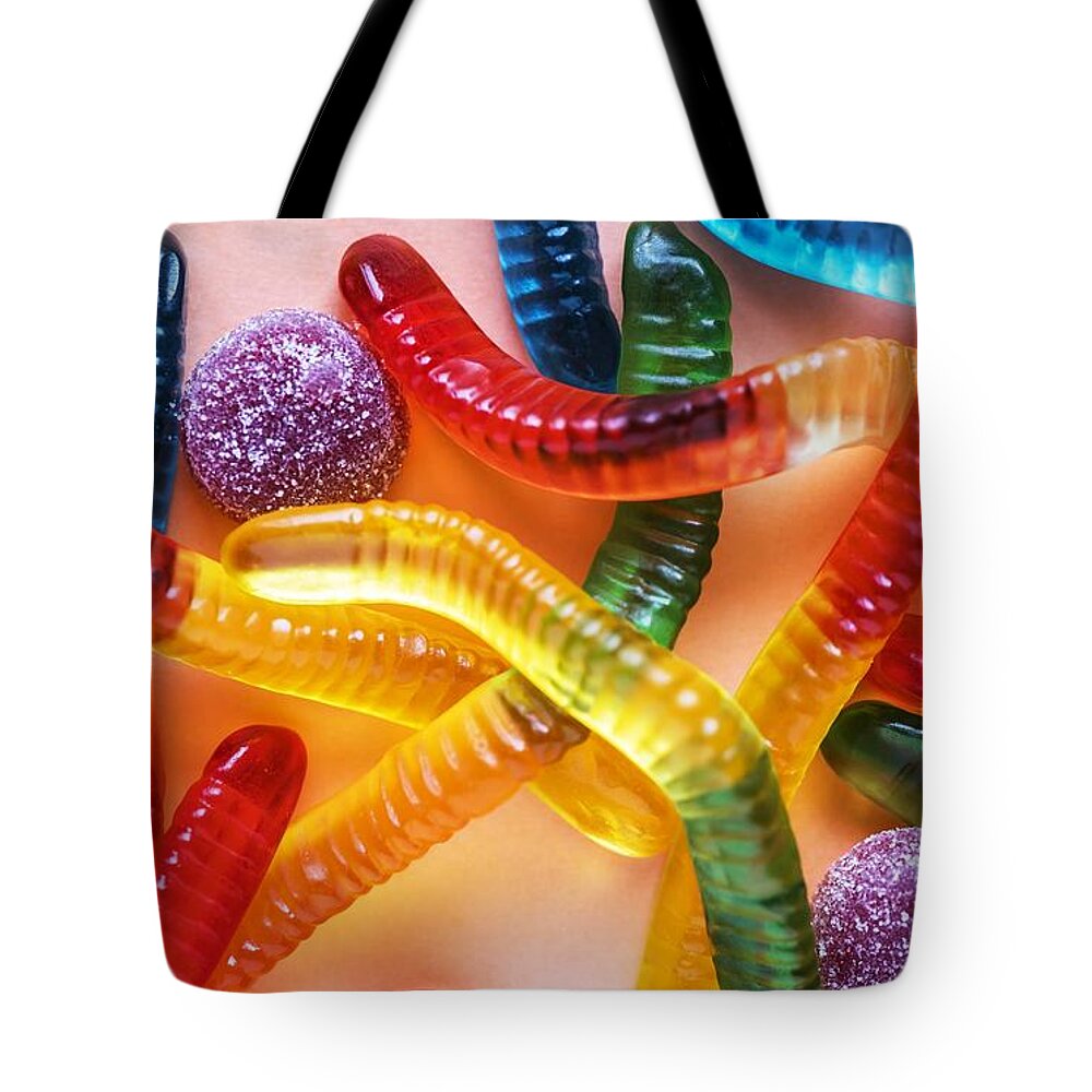 Candy Tote Bag featuring the photograph Go and Eat Worms - Gummy Worms Candy by Marianna Mills