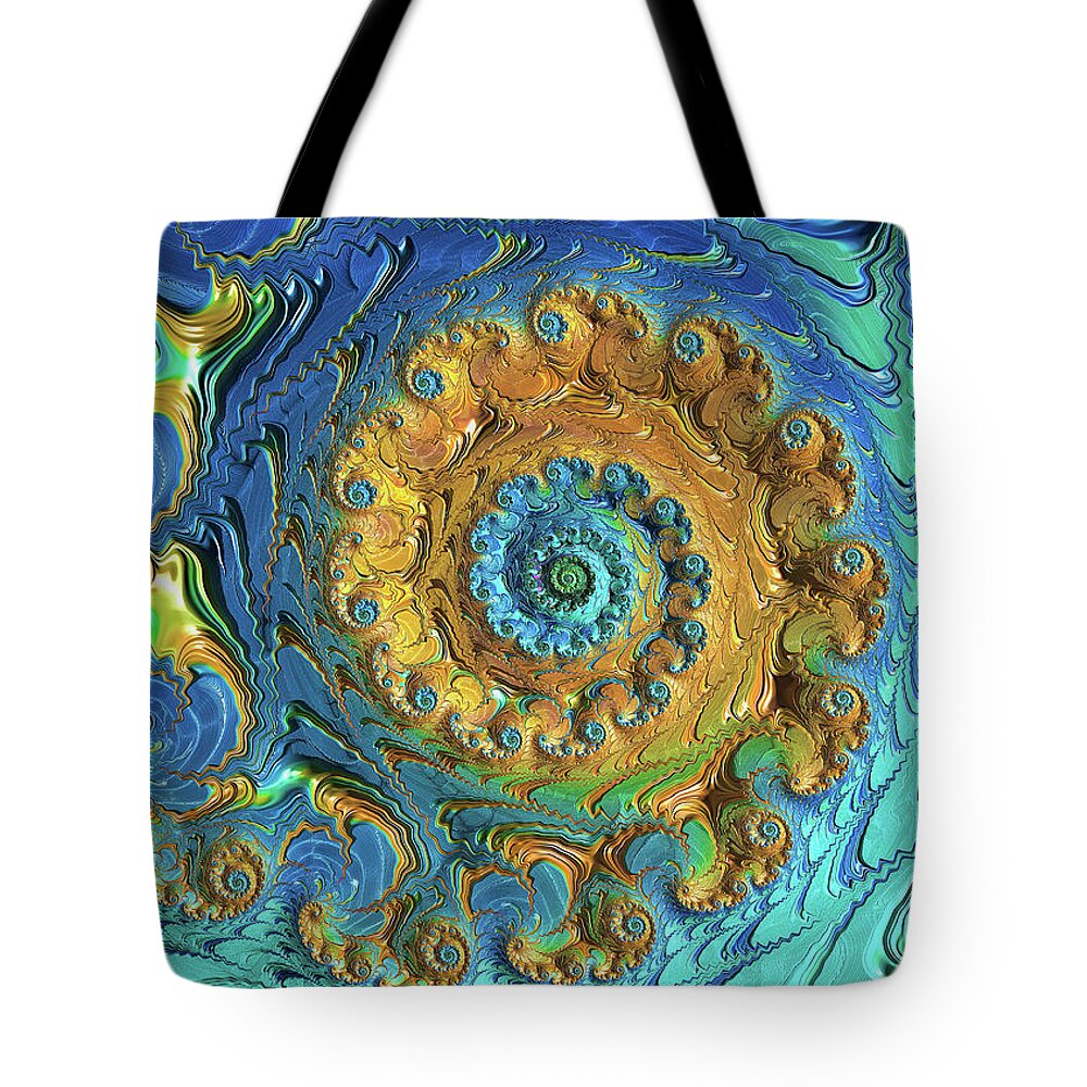 Fractal Tote Bag featuring the digital art Golden whirlpool by Gaye Bentham