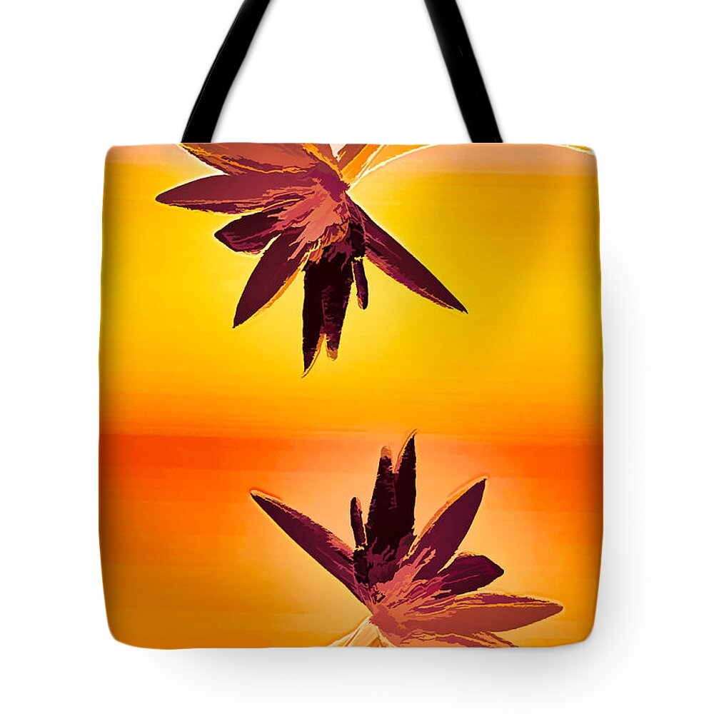 Water Lily Tote Bag featuring the mixed media Golden Duo Water Lilies by Rosalie Scanlon