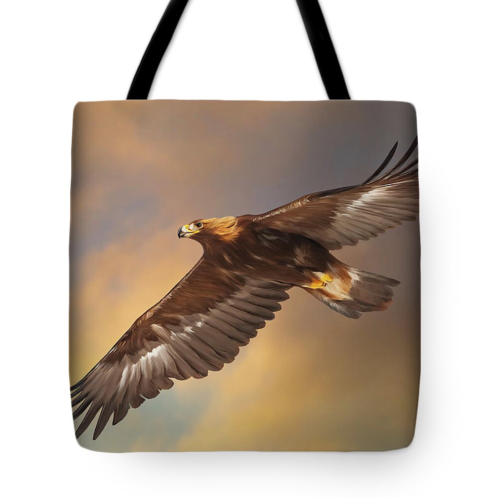 Golden Eagle Tote Bag featuring the digital art Golden Eagle Flying in Golden Light by Mark Miller