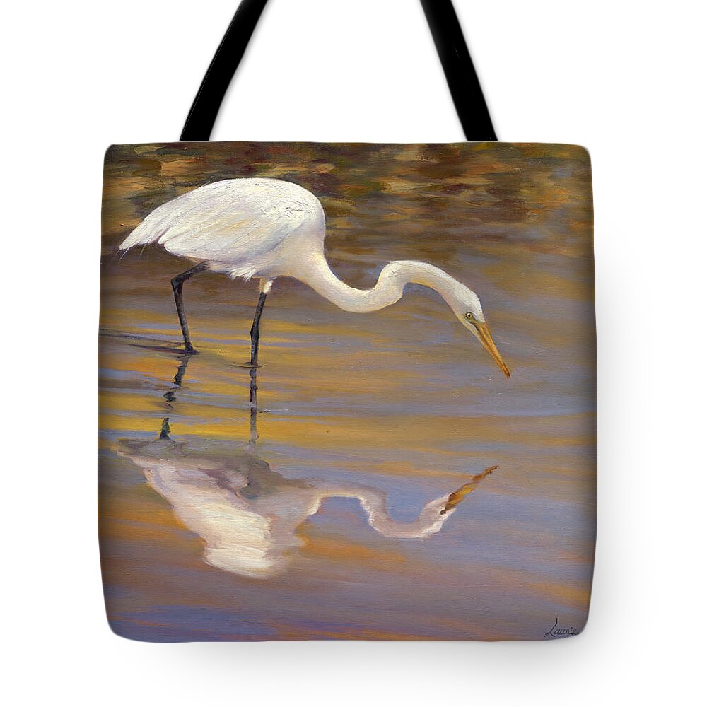 White Heron Tote Bag featuring the painting Golden Morning Reflections by Laurie Snow Hein