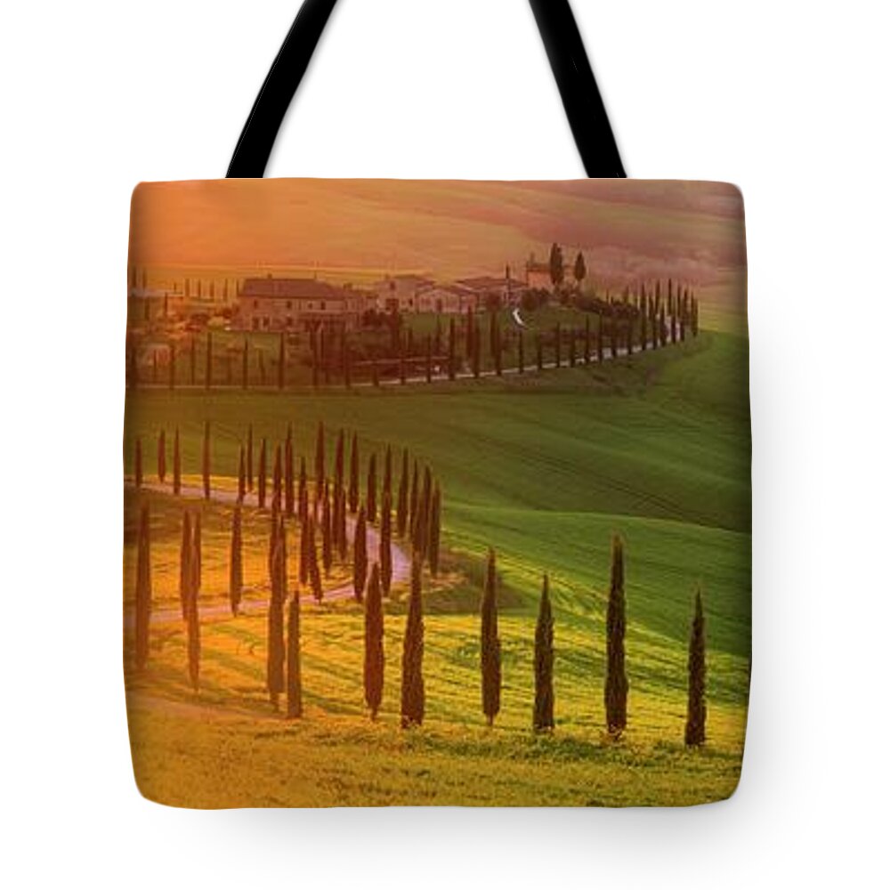 Tuscany; Villa; Green; Hills; Italy; Belvedere; Val D'orcia; Cypress; Trees; Beautiful; Countryside; Sunset; Rolling; Italia; Toscana; Rob Davies; Robert Davies; Landscape; Gold; Sun; Flare; Lens Flare; Panorama; Gladiator; Location; S Shape; Road; Classic Tote Bag featuring the photograph Golden Tuscany II by Rob Davies