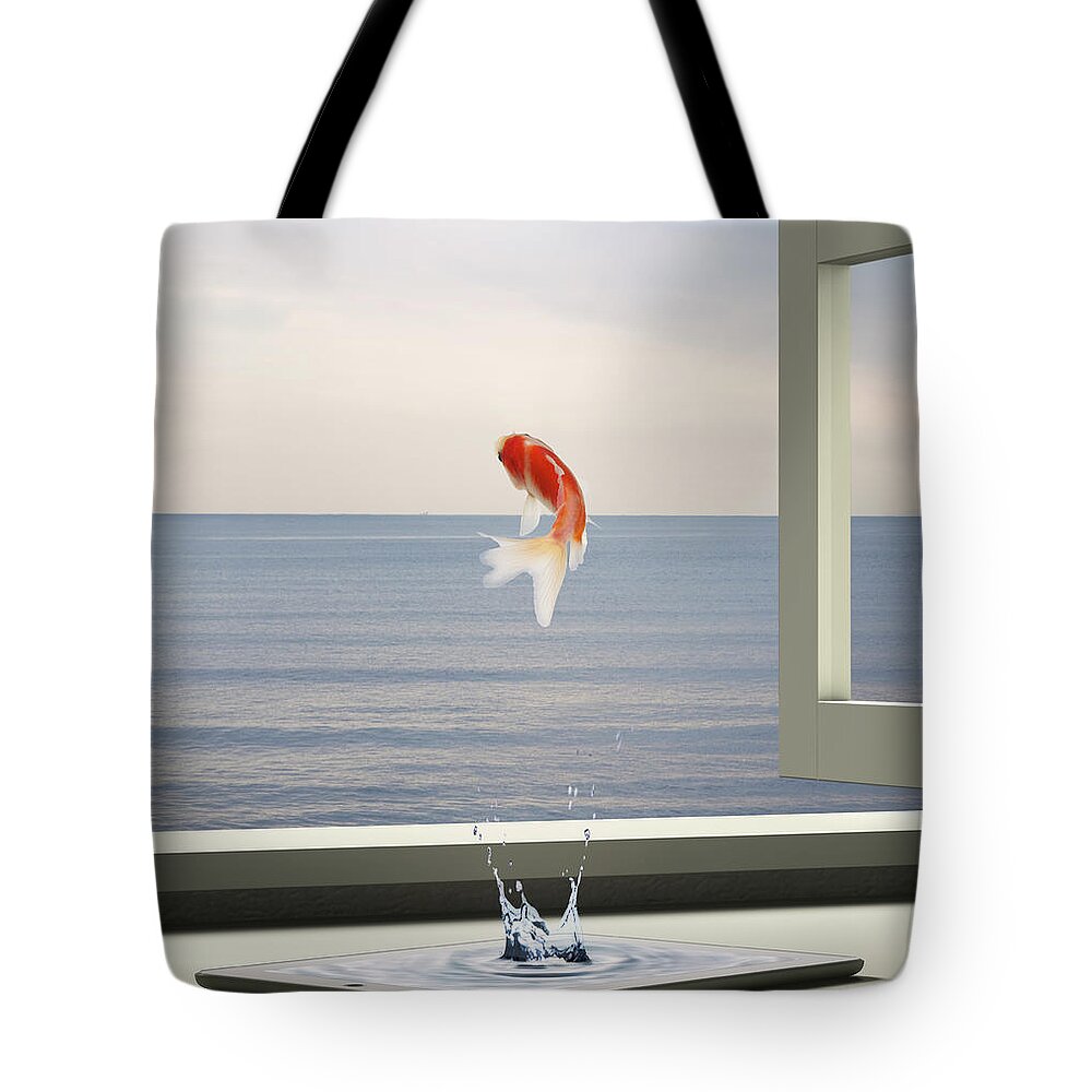 Augmented Reality Tote Bag featuring the photograph Goldfish Is Escaping To Sea From Tablet by Hiroshi Watanabe